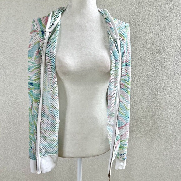 Lilly Pulitzer Sz X-Small Mesh Zip Up Hoodie Jacket White Green Pink Stripes - Picture 11 of 14